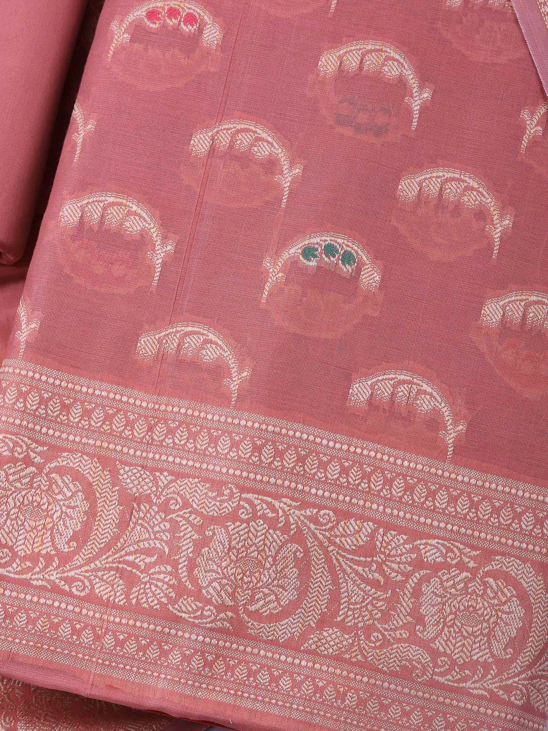Pink Woven Design Chanderi Unstitched Suit &amp; Pant With Banarsi Dupatta