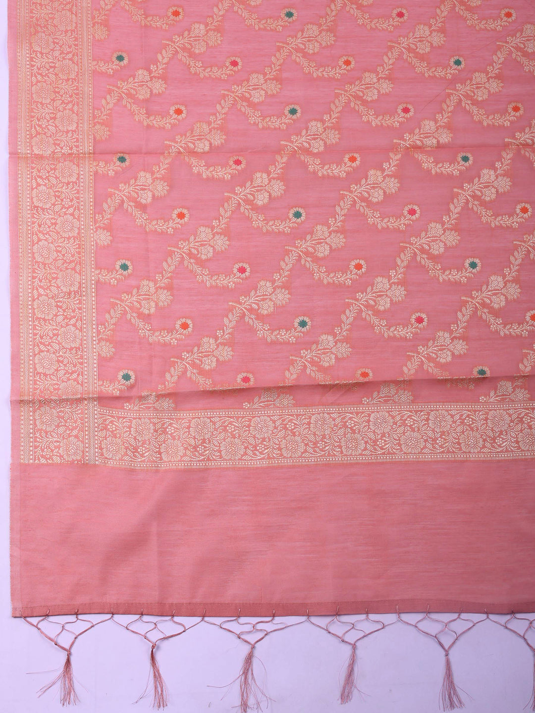 Pink Woven Design Chanderi Unstitched Suit &amp; Pant With Banarsi Dupatta