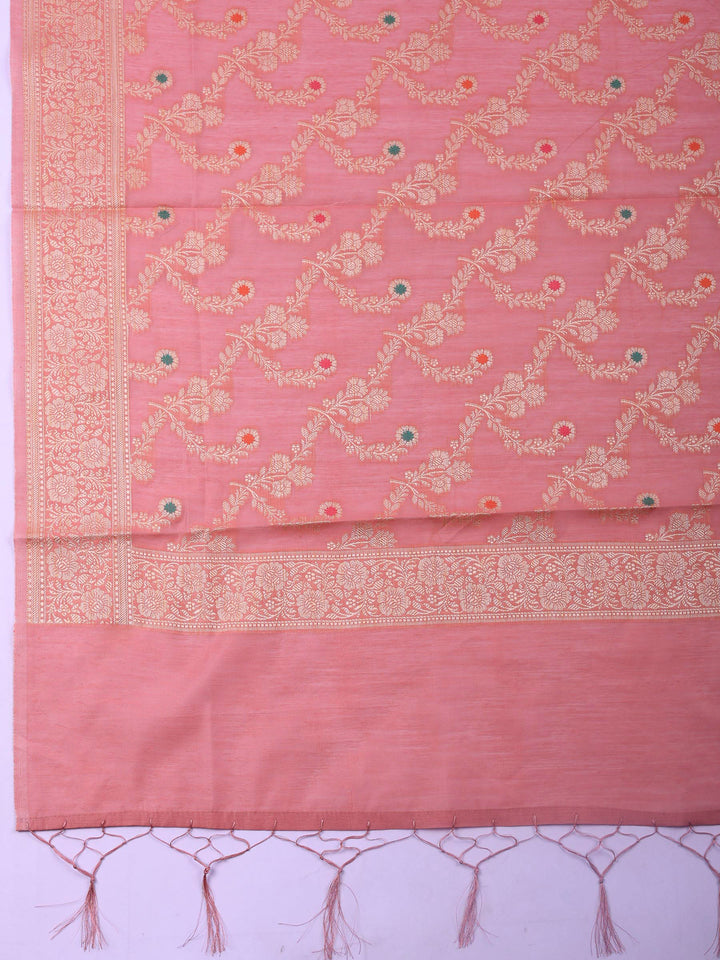 Pink Woven Design Chanderi Unstitched Suit &amp; Pant With Banarsi Dupatta