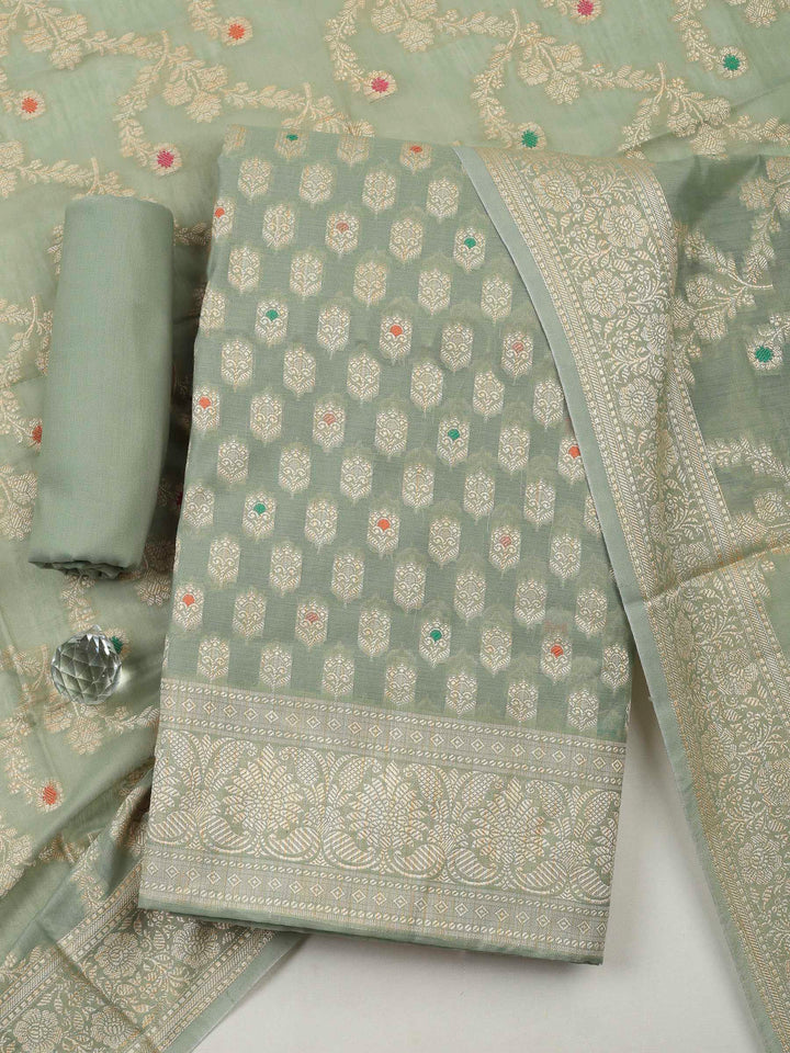 Aqua Green Banarasi Chanderi Unstitched Dress Material