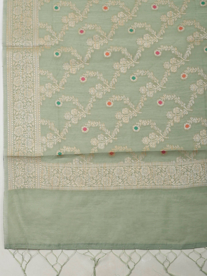 Aqua Green Banarasi Chanderi Unstitched Dress Material
