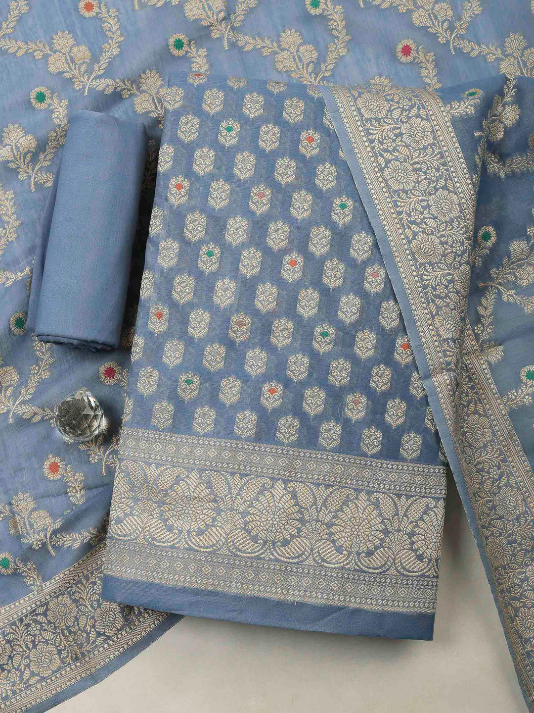 Grey Blue Banarasi Chanderi Unstitched Dress Material