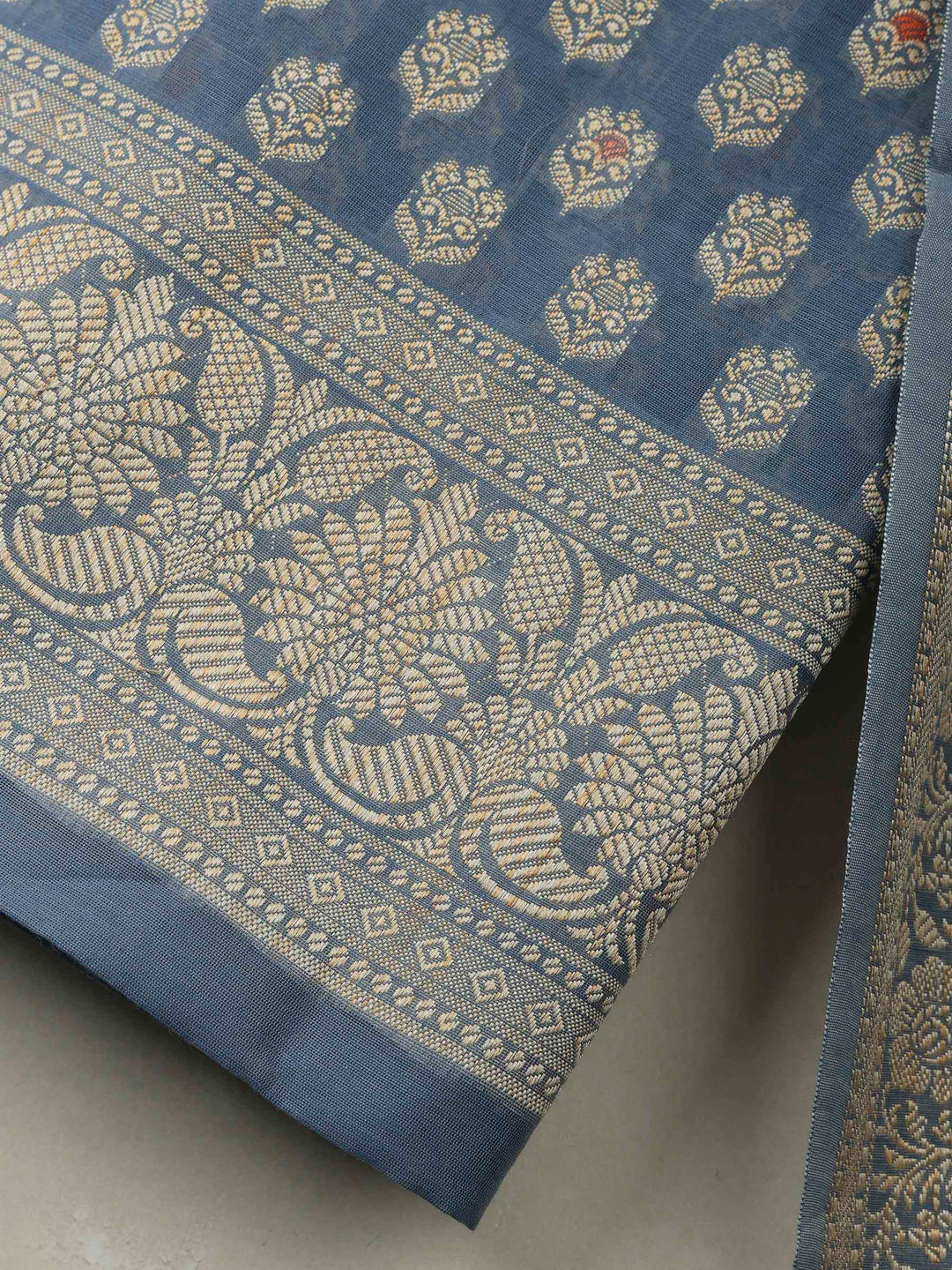 Grey Blue Banarasi Chanderi Unstitched Dress Material