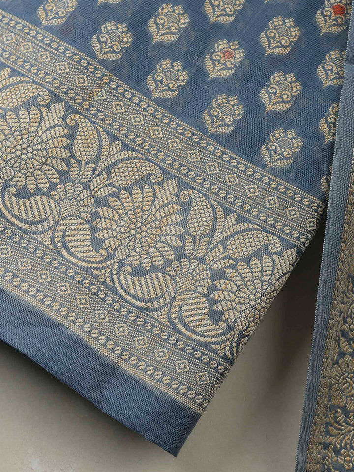 Grey Blue Banarasi Chanderi Unstitched Dress Material