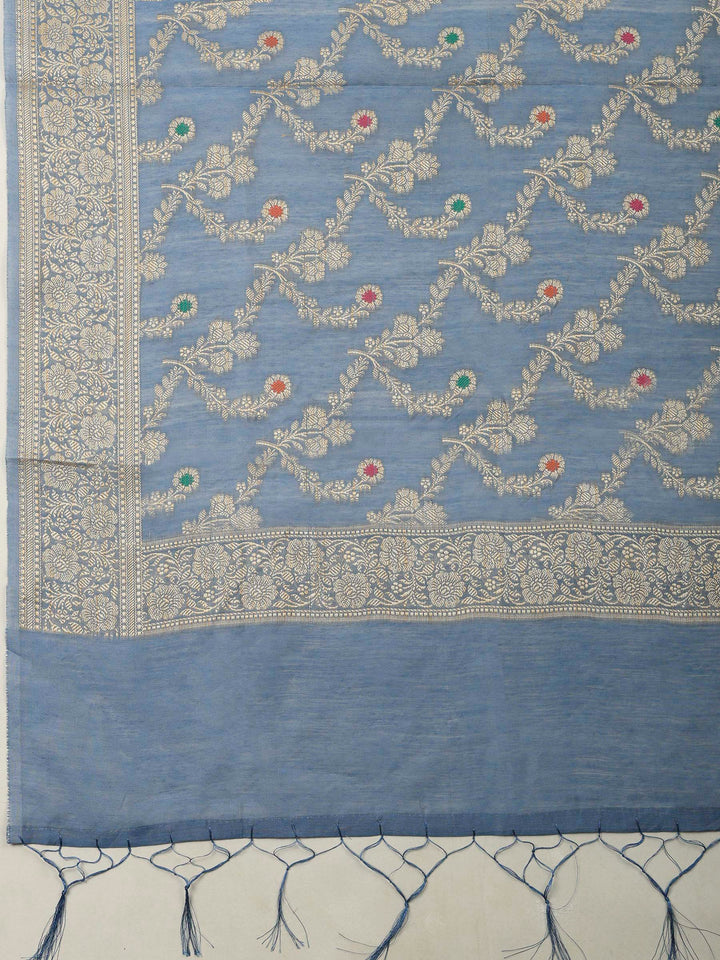 Grey Blue Banarasi Chanderi Unstitched Dress Material