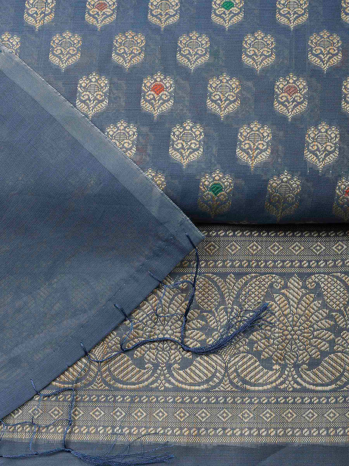 Grey Blue Banarasi Chanderi Unstitched Dress Material