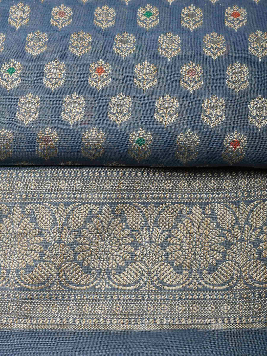 Grey Blue Banarasi Chanderi Unstitched Dress Material