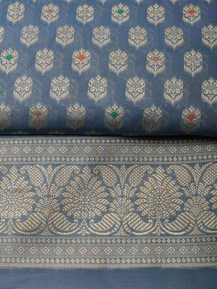 Grey Blue Banarasi Chanderi Unstitched Dress Material
