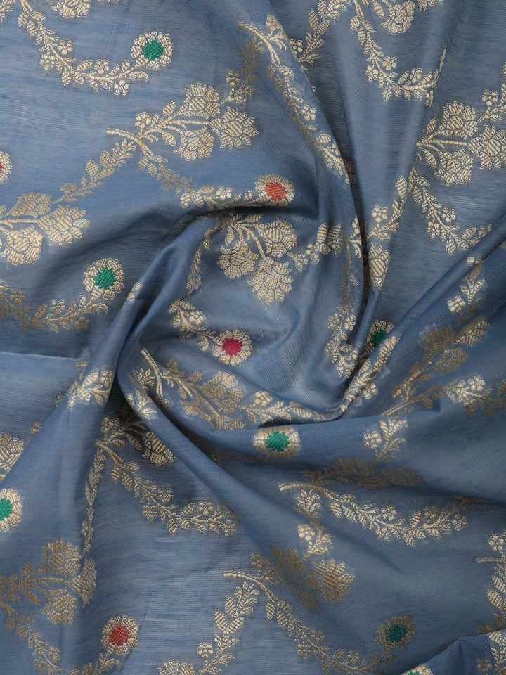 Grey Blue Banarasi Chanderi Unstitched Dress Material