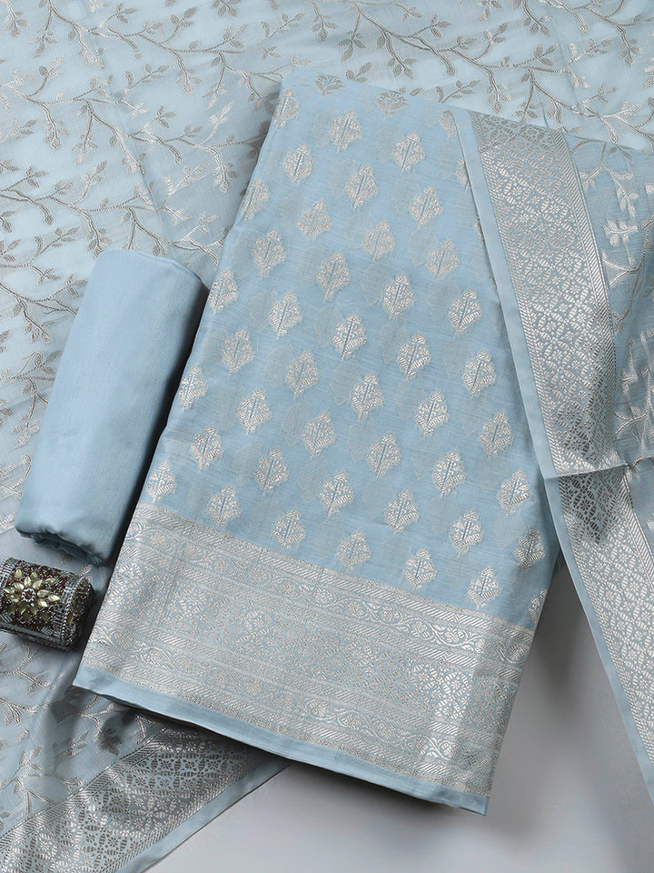 Grey Blue Woven Design Chanderi Unstitched Suit &amp; Pant With Banarsi Dupatta