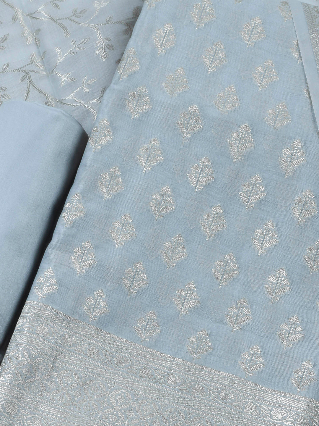 Grey Blue Woven Design Chanderi Unstitched Suit &amp; Pant With Banarsi Dupatta
