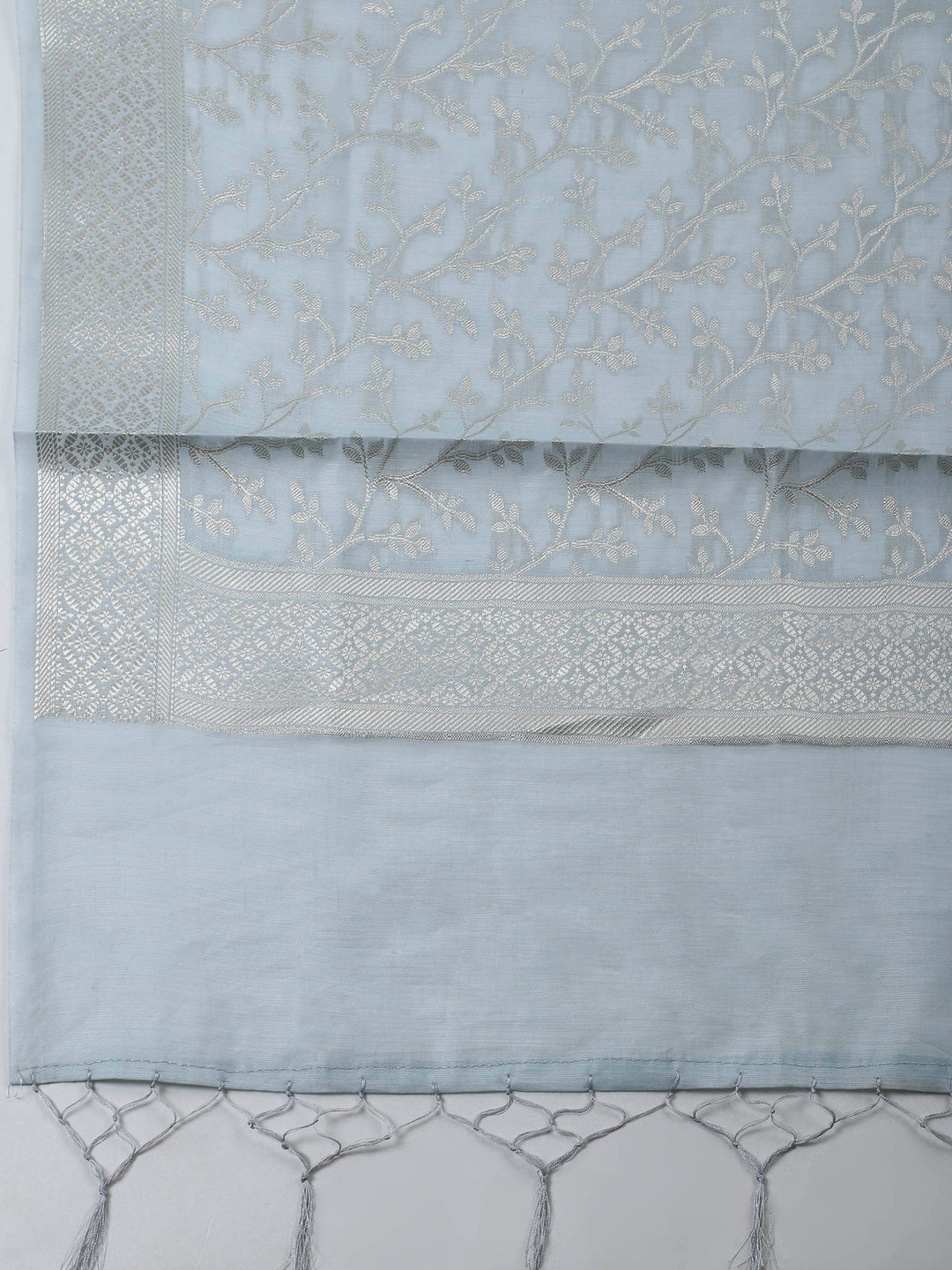 Grey Blue Woven Design Chanderi Unstitched Suit &amp; Pant With Banarsi Dupatta