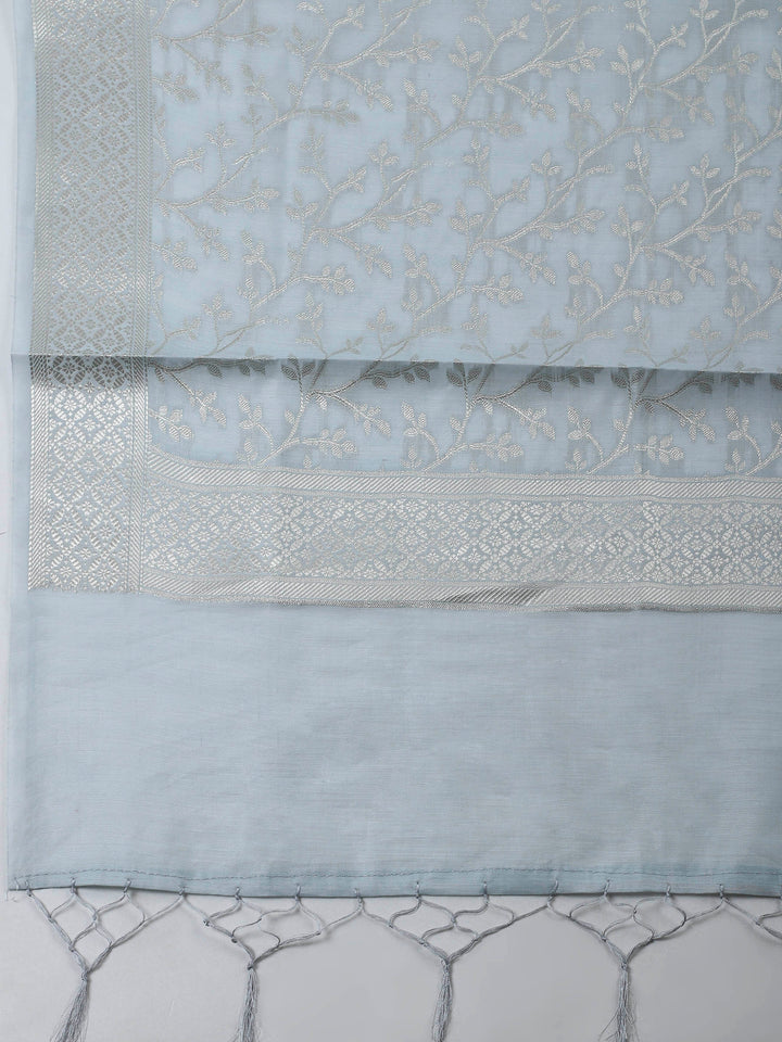 Grey Blue Woven Design Chanderi Unstitched Suit &amp; Pant With Banarsi Dupatta