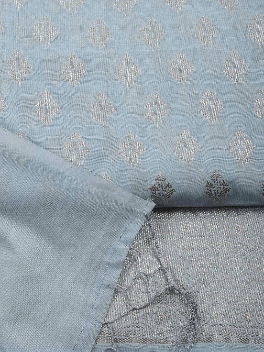 Grey Blue Woven Design Chanderi Unstitched Suit &amp; Pant With Banarsi Dupatta