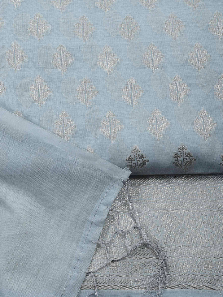 Grey Blue Woven Design Chanderi Unstitched Suit &amp; Pant With Banarsi Dupatta