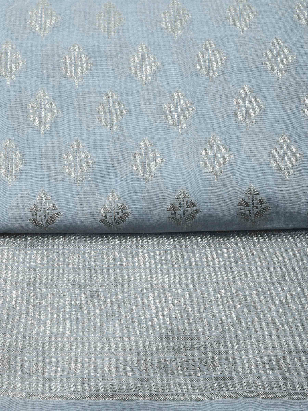 Grey Blue Woven Design Chanderi Unstitched Suit &amp; Pant With Banarsi Dupatta