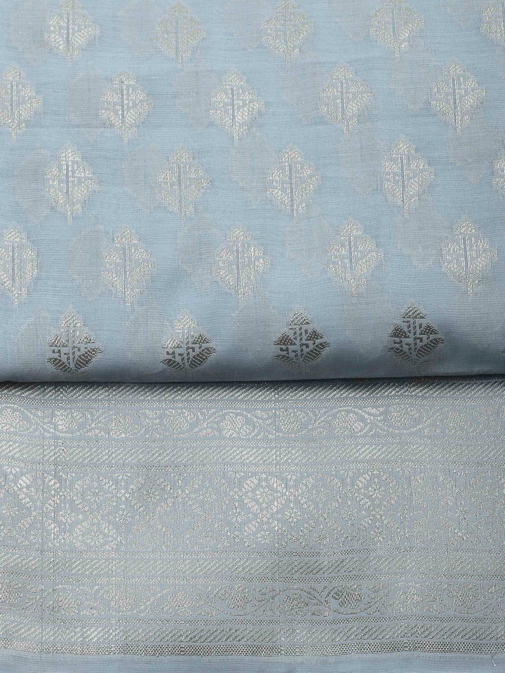 Grey Blue Woven Design Chanderi Unstitched Suit &amp; Pant With Banarsi Dupatta