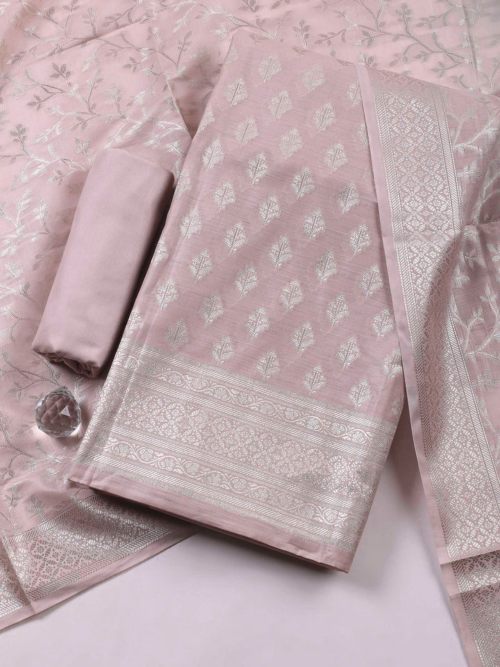 Mauve Woven Design Chanderi Unstitched Suit &amp; Pant With Banarsi Dupatta