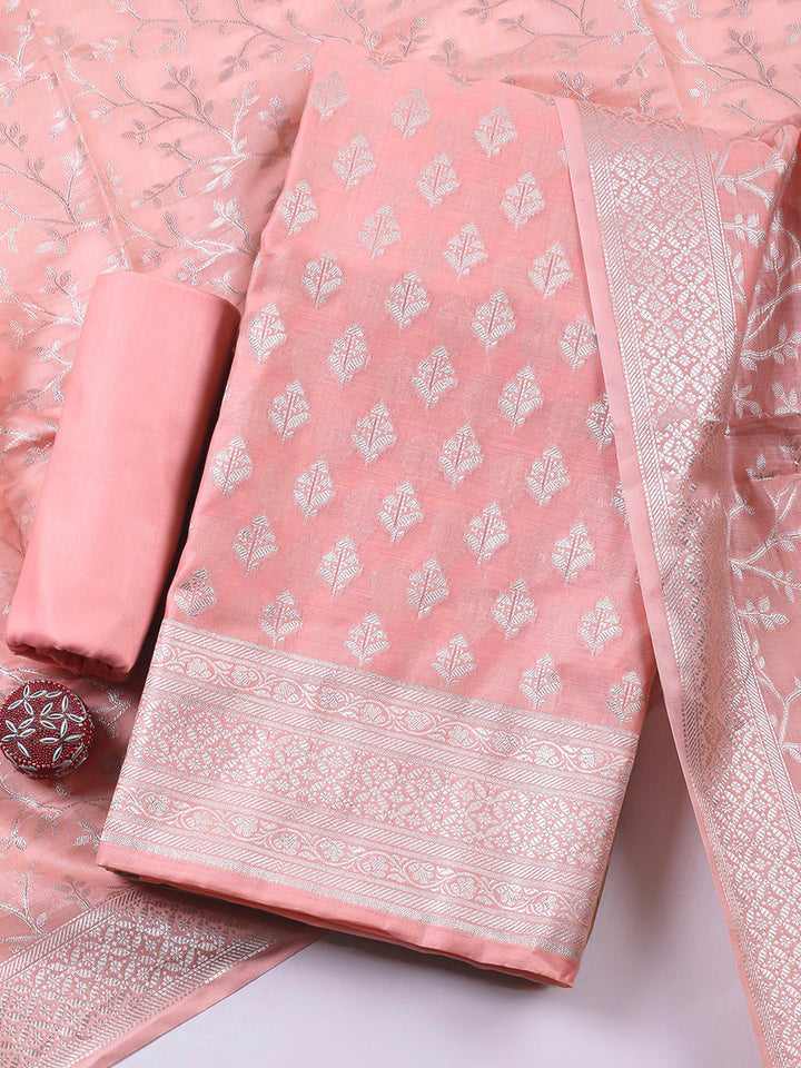 Peach Woven Design Chanderi Unstitched Suit &amp; Pant With Banarsi Dupatta
