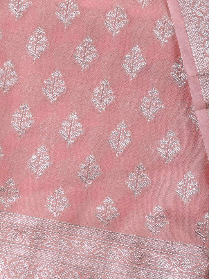 Peach Woven Design Chanderi Unstitched Suit &amp; Pant With Banarsi Dupatta