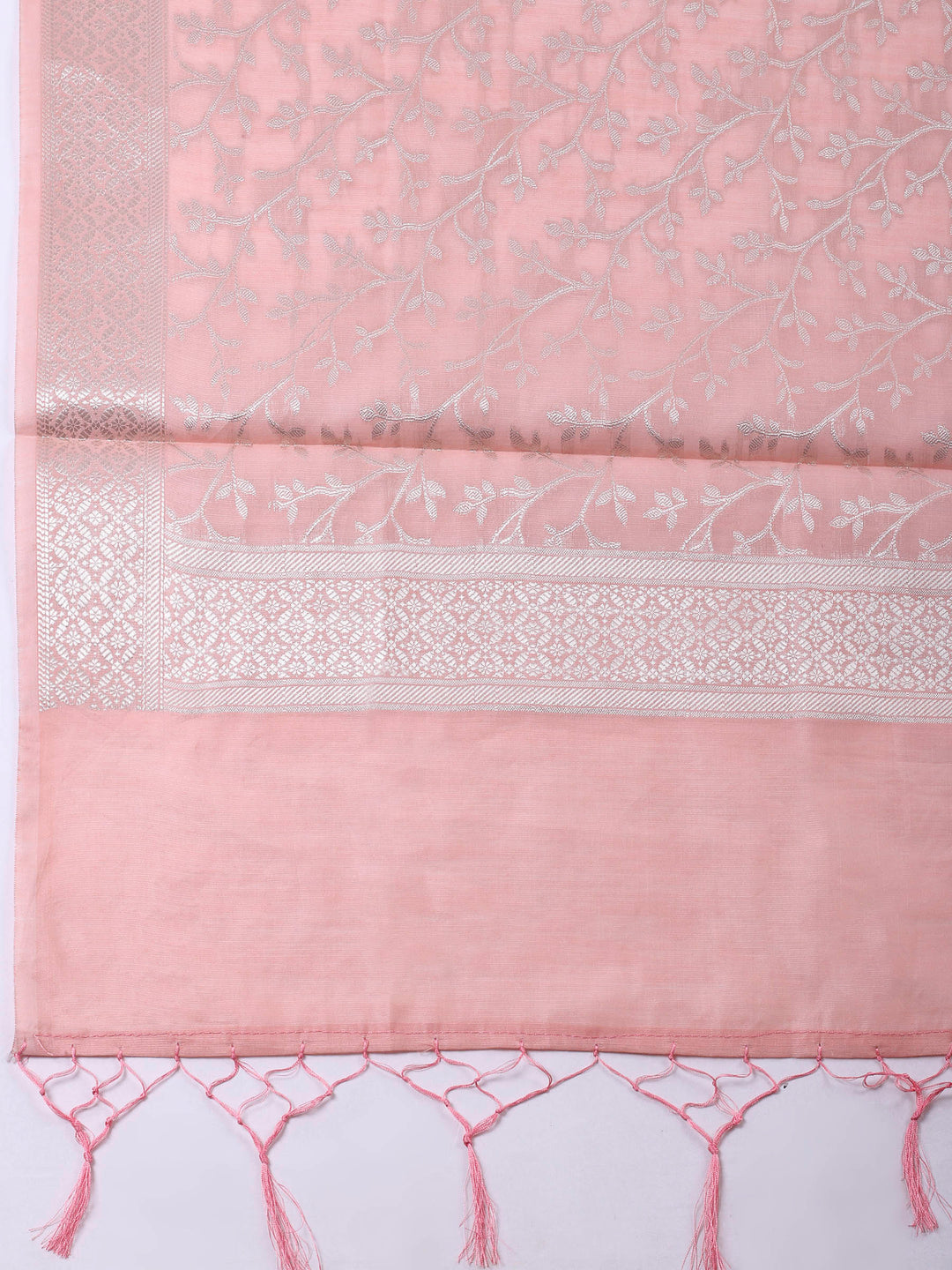 Peach Woven Design Chanderi Unstitched Suit &amp; Pant With Banarsi Dupatta