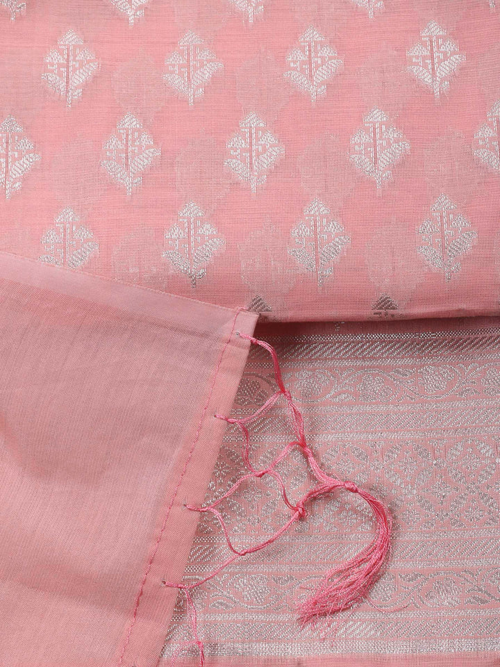Peach Woven Design Chanderi Unstitched Suit &amp; Pant With Banarsi Dupatta
