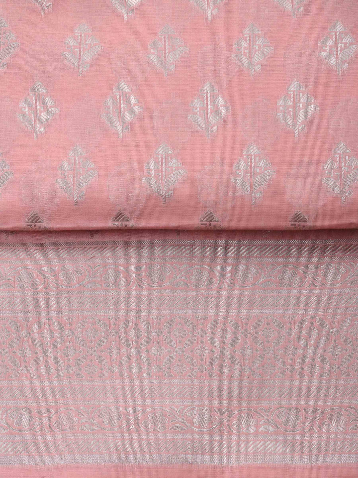 Peach Woven Design Chanderi Unstitched Suit &amp; Pant With Banarsi Dupatta