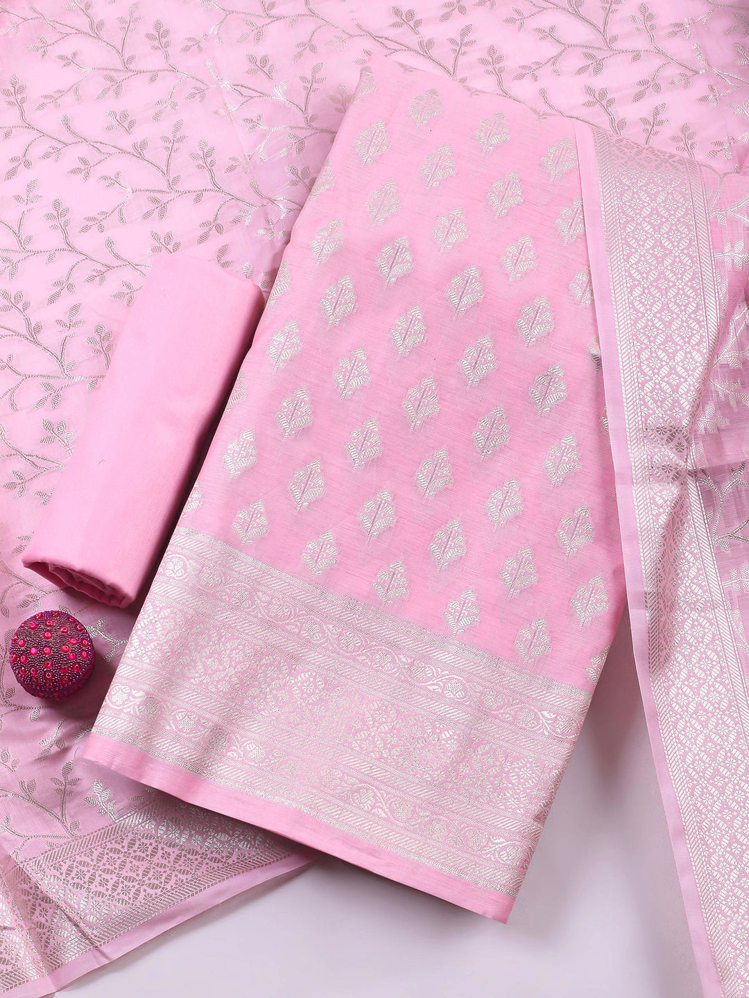 Pink Woven Design Chanderi Unstitched Suit &amp; Pant With Banarsi Dupatta