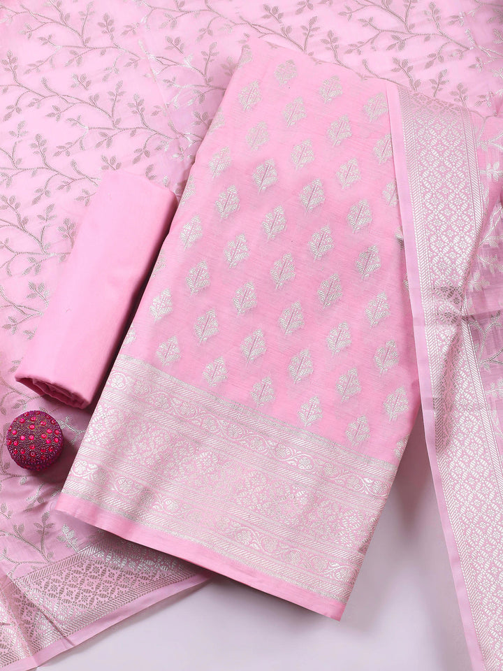Pink Woven Design Chanderi Unstitched Suit &amp; Pant With Banarsi Dupatta