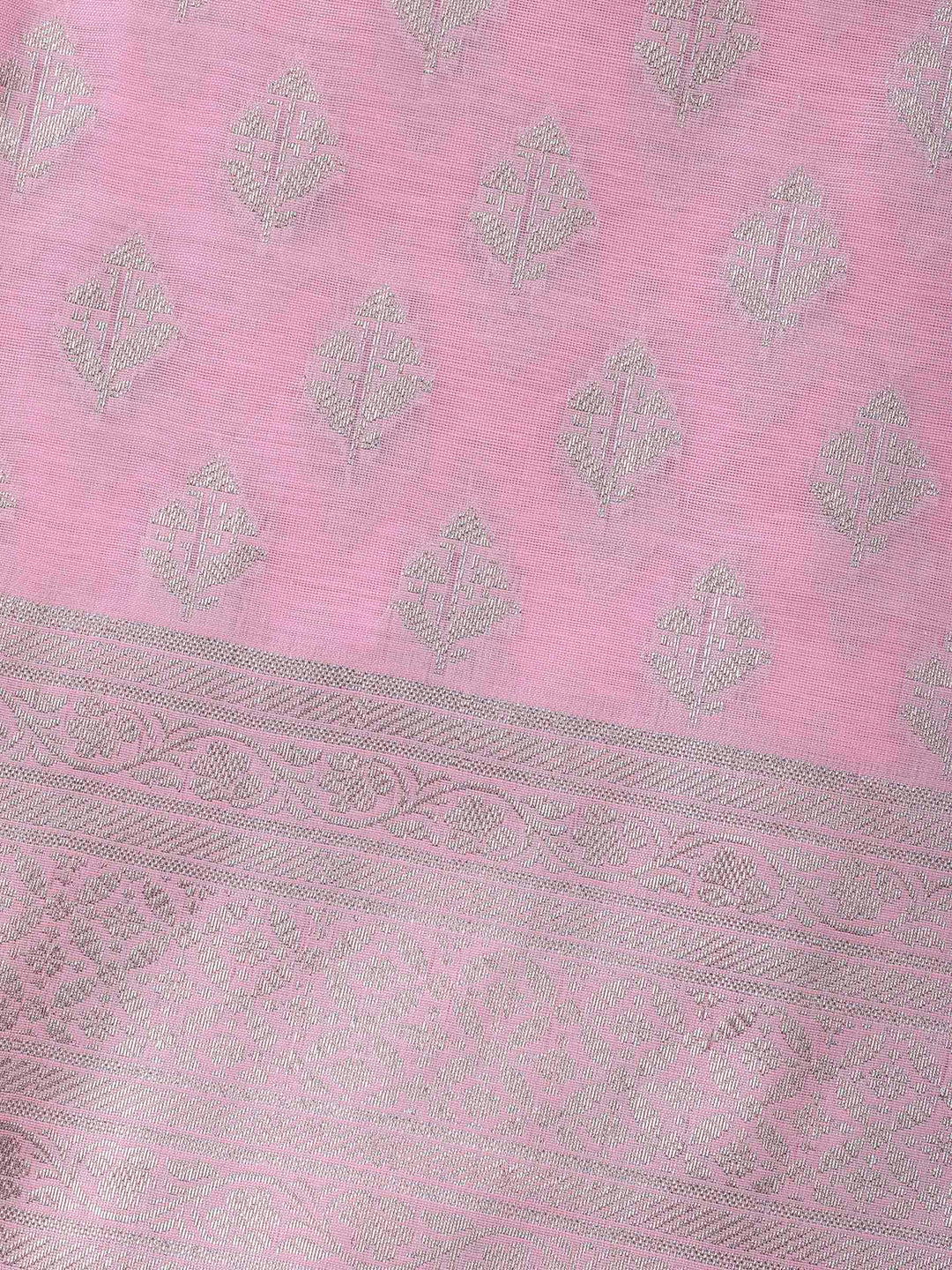 Pink Woven Design Chanderi Unstitched Suit &amp; Pant With Banarsi Dupatta