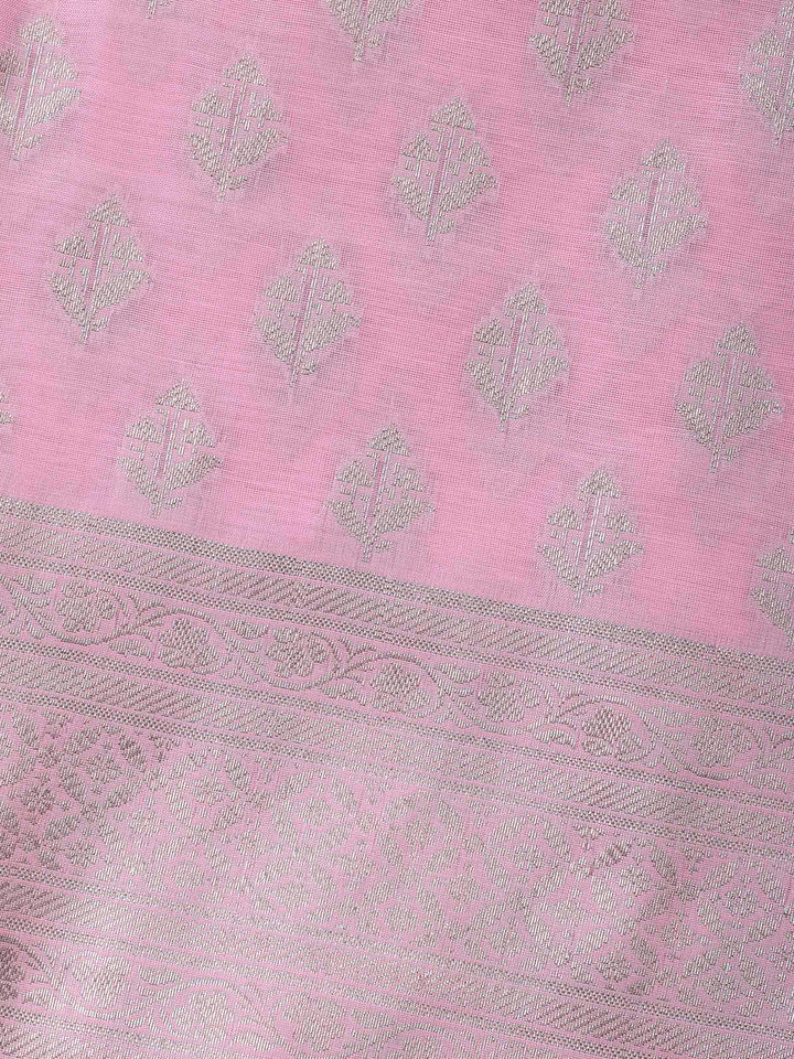 Pink Woven Design Chanderi Unstitched Suit &amp; Pant With Banarsi Dupatta
