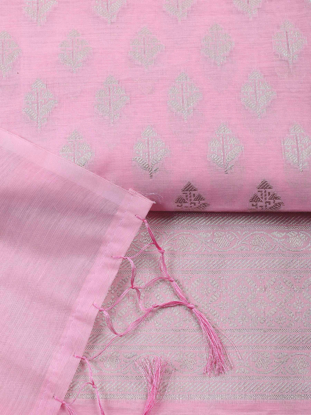 Pink Woven Design Chanderi Unstitched Suit &amp; Pant With Banarsi Dupatta