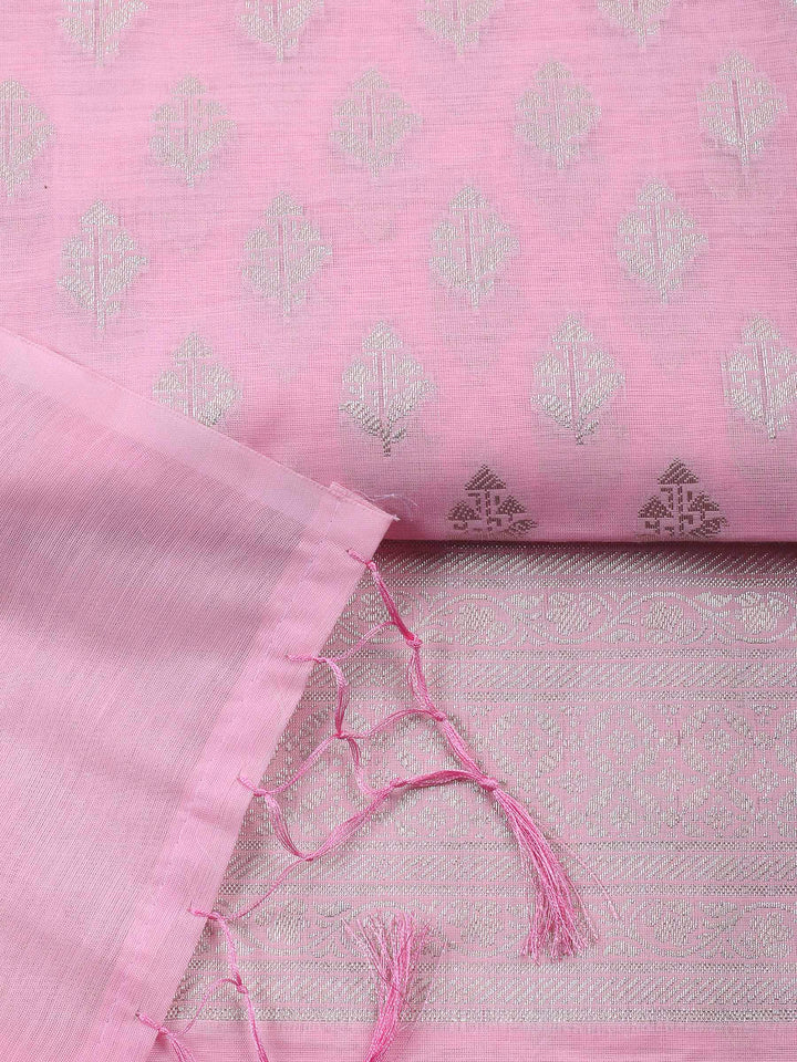Pink Woven Design Chanderi Unstitched Suit &amp; Pant With Banarsi Dupatta