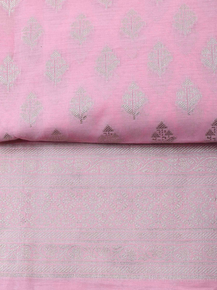 Pink Woven Design Chanderi Unstitched Suit &amp; Pant With Banarsi Dupatta