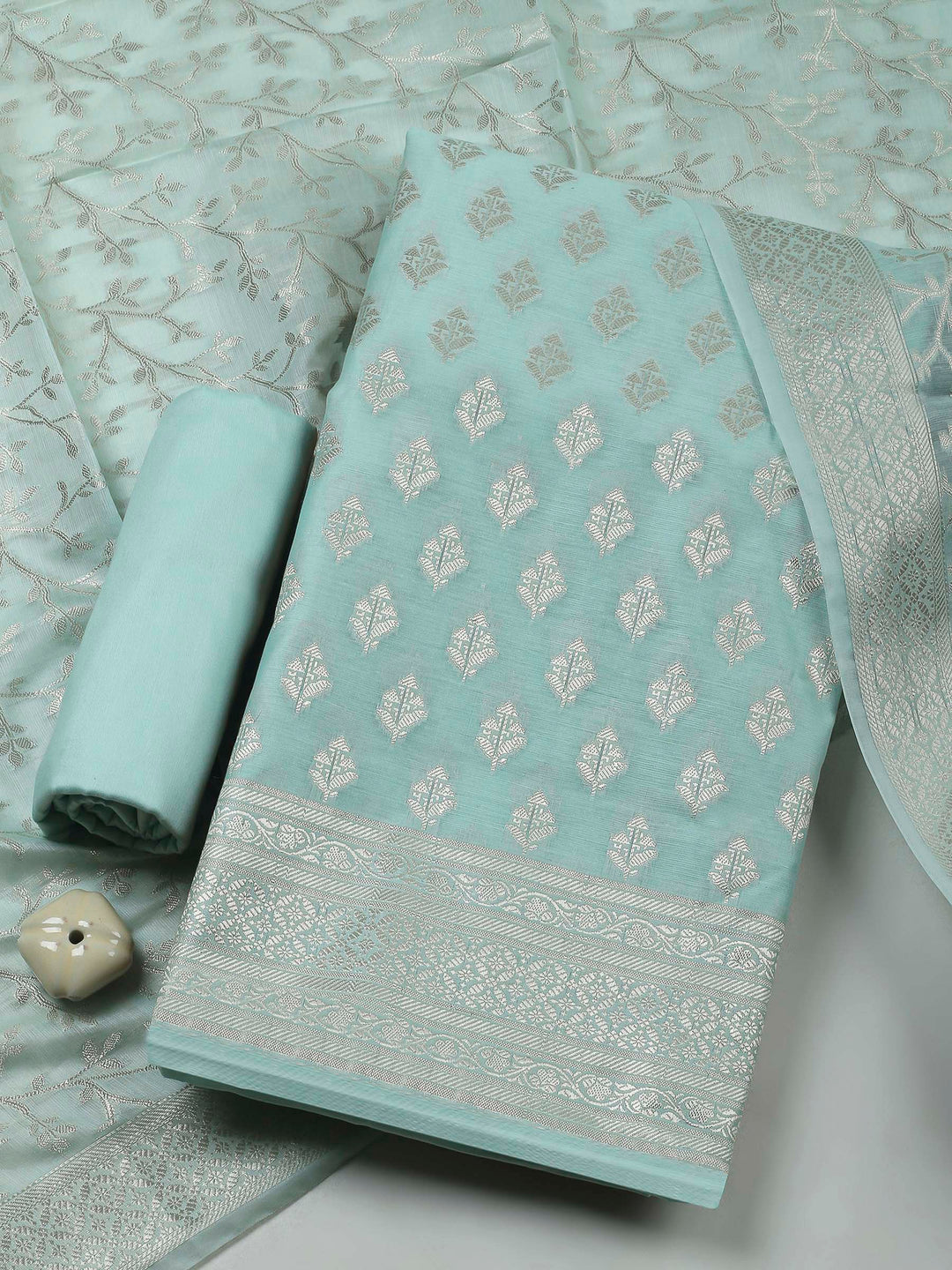 Sea Green Woven Design Chanderi Unstitched Dress Material