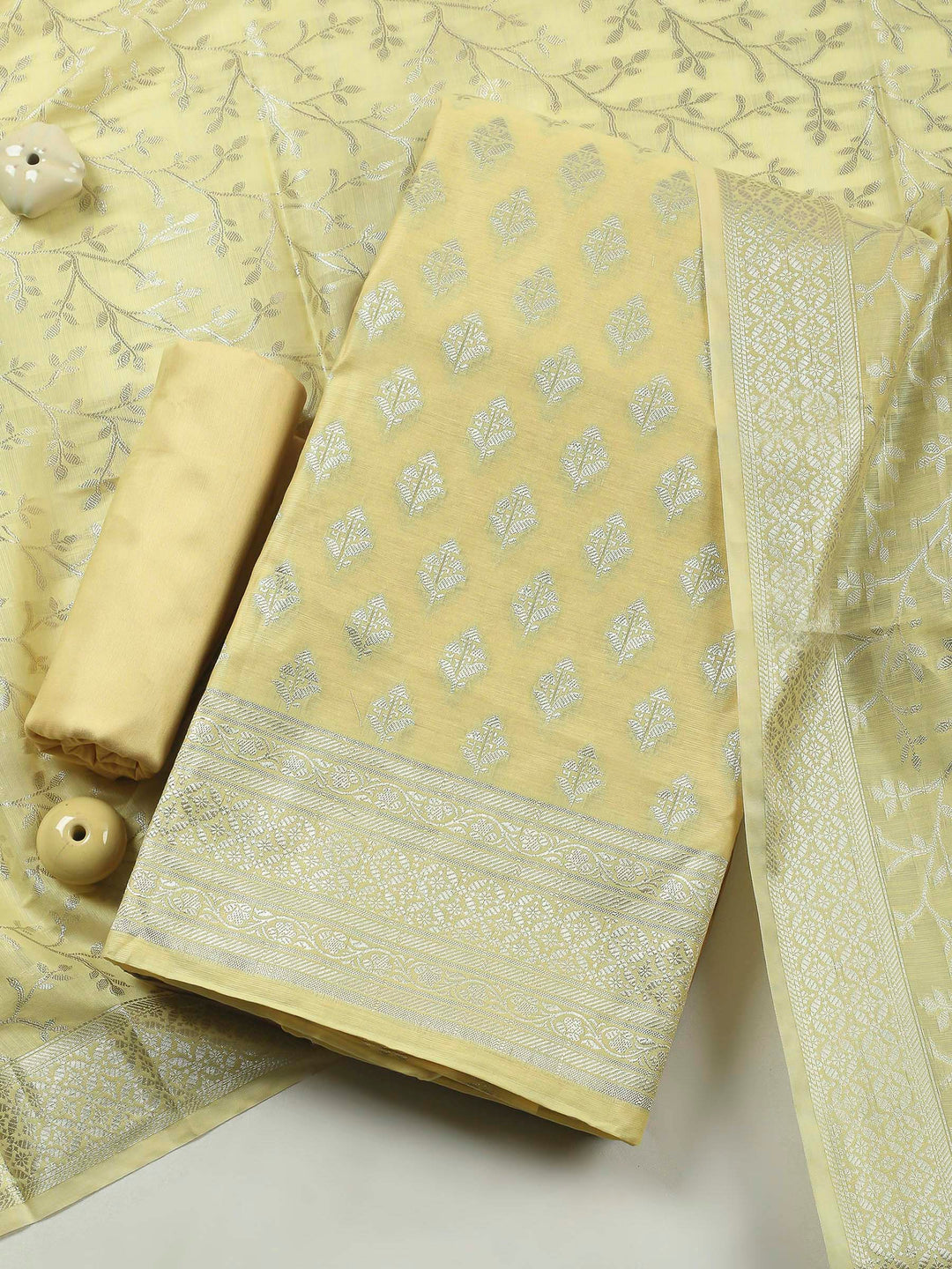 Yellow Woven Design Chanderi Unstitched Suit &amp; Pant With Banarsi Dupatta