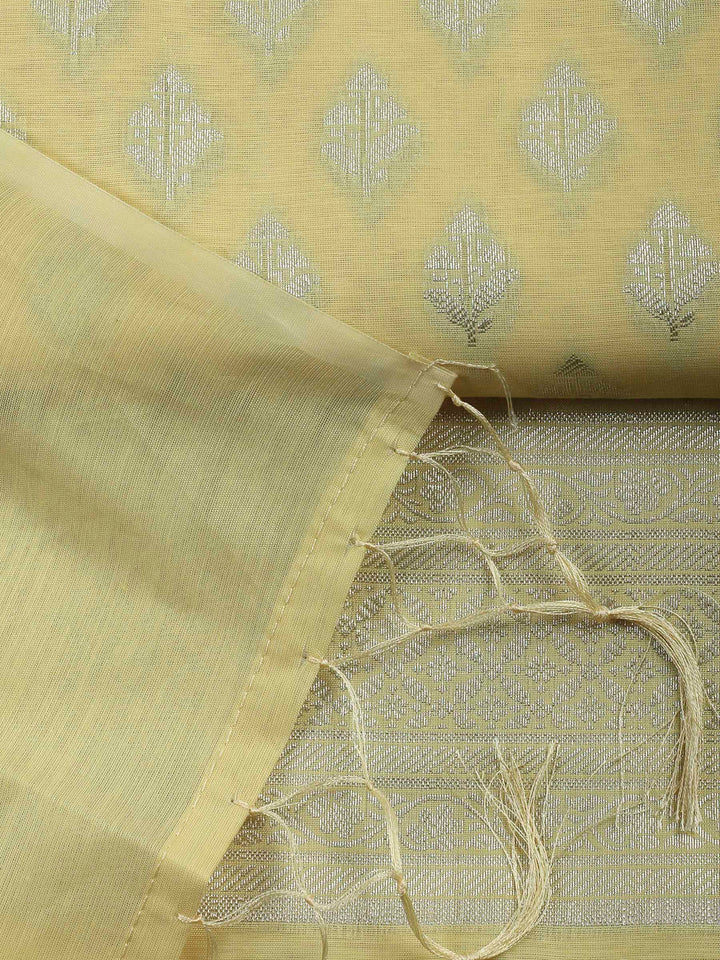 Yellow Woven Design Chanderi Unstitched Suit &amp; Pant With Banarsi Dupatta