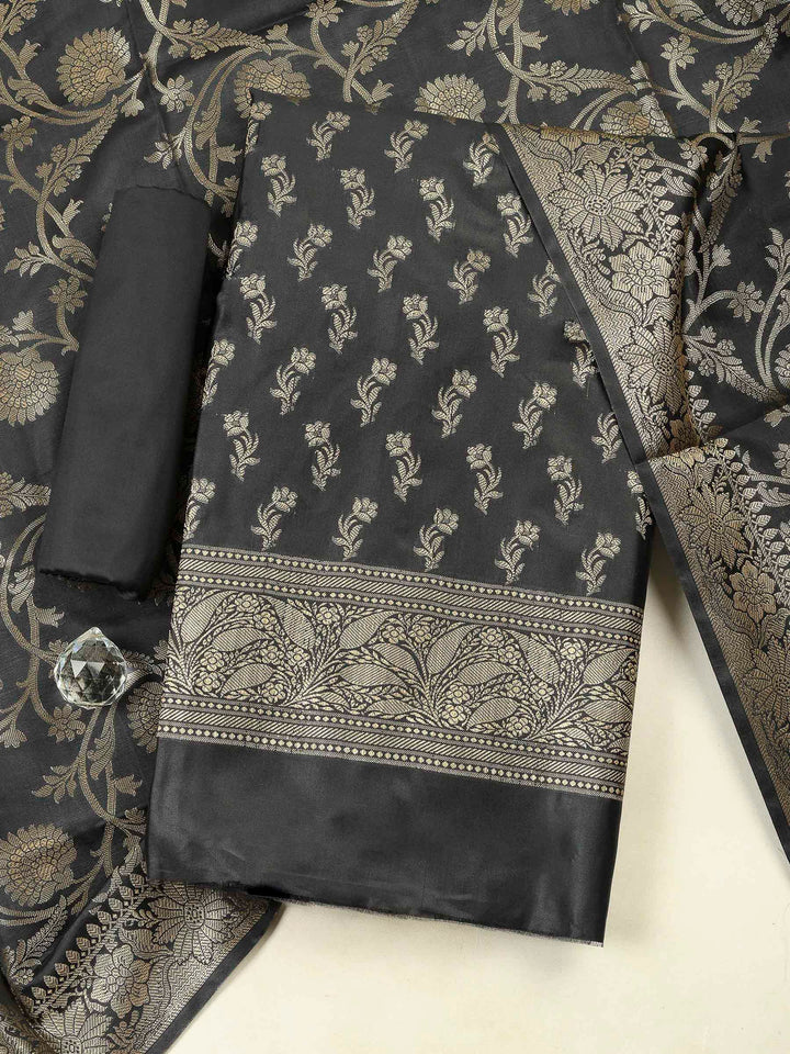 Black Chanderi Banarasi Unstitched Dress Material