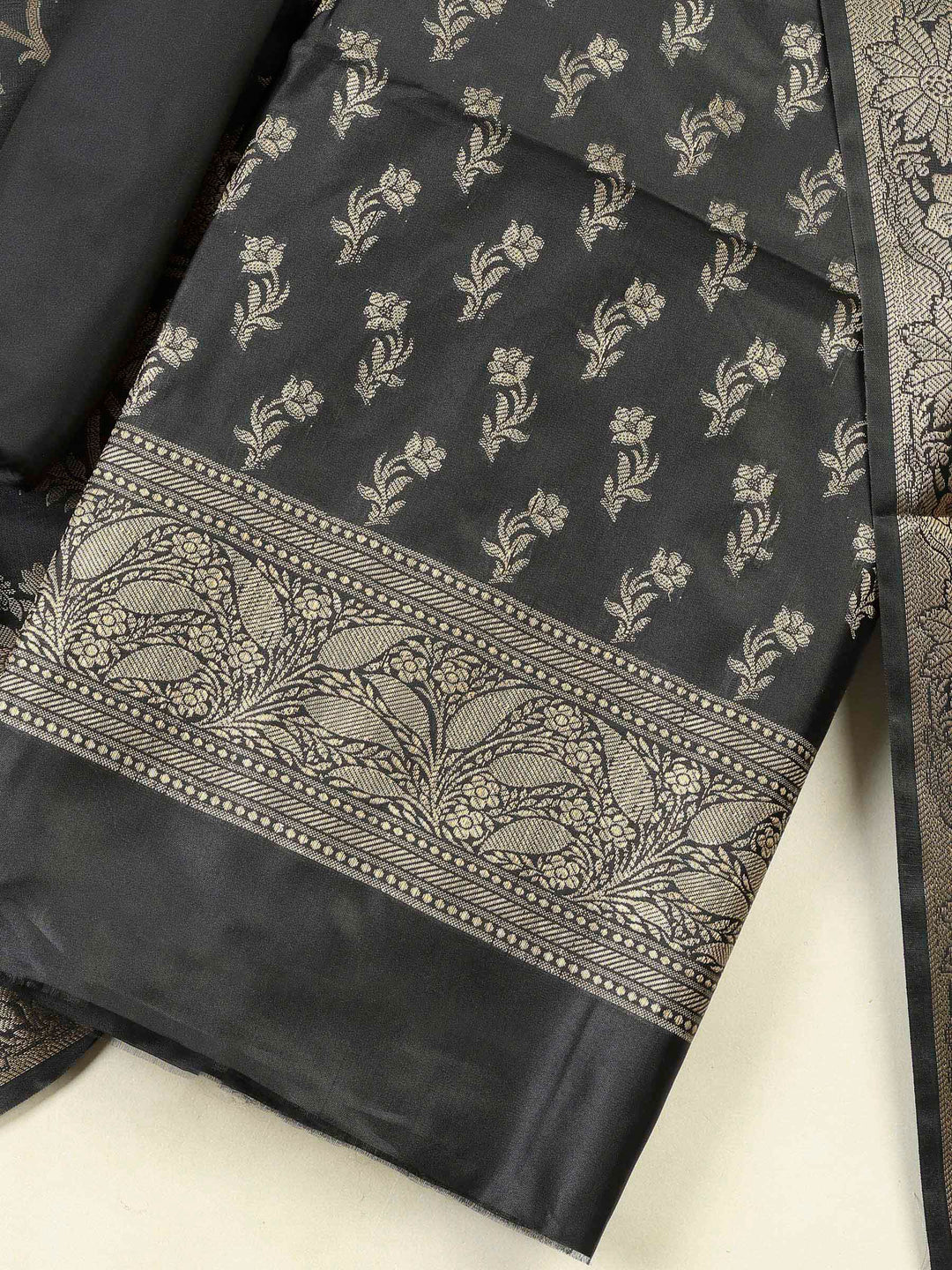 Black Chanderi Banarasi Unstitched Dress Material