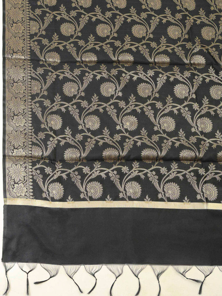 Black Chanderi Banarasi Unstitched Dress Material