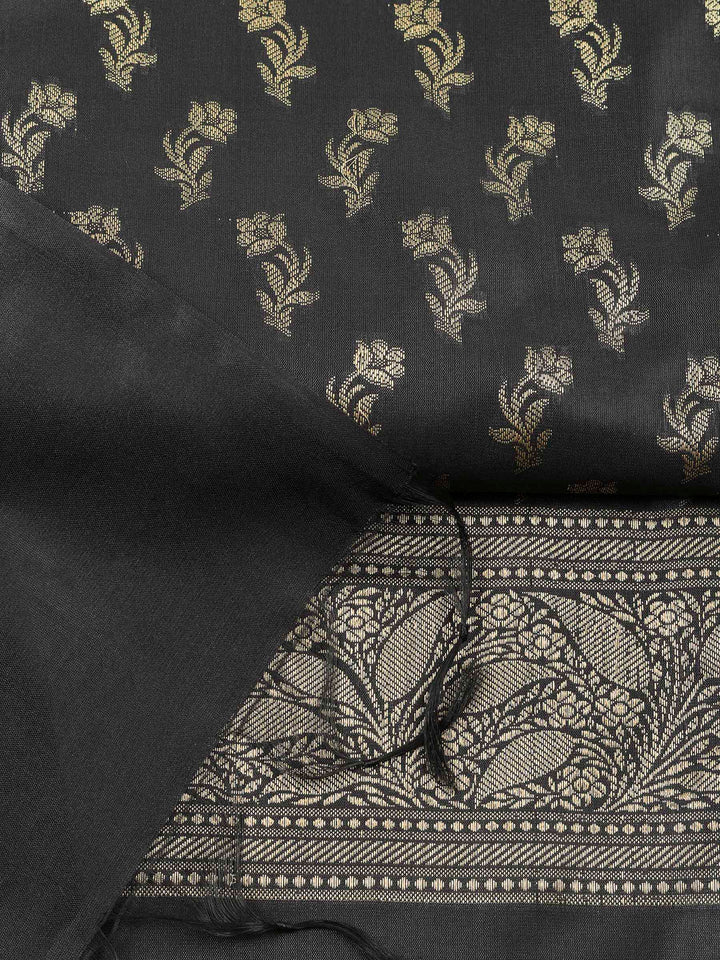 Black Chanderi Banarasi Unstitched Dress Material