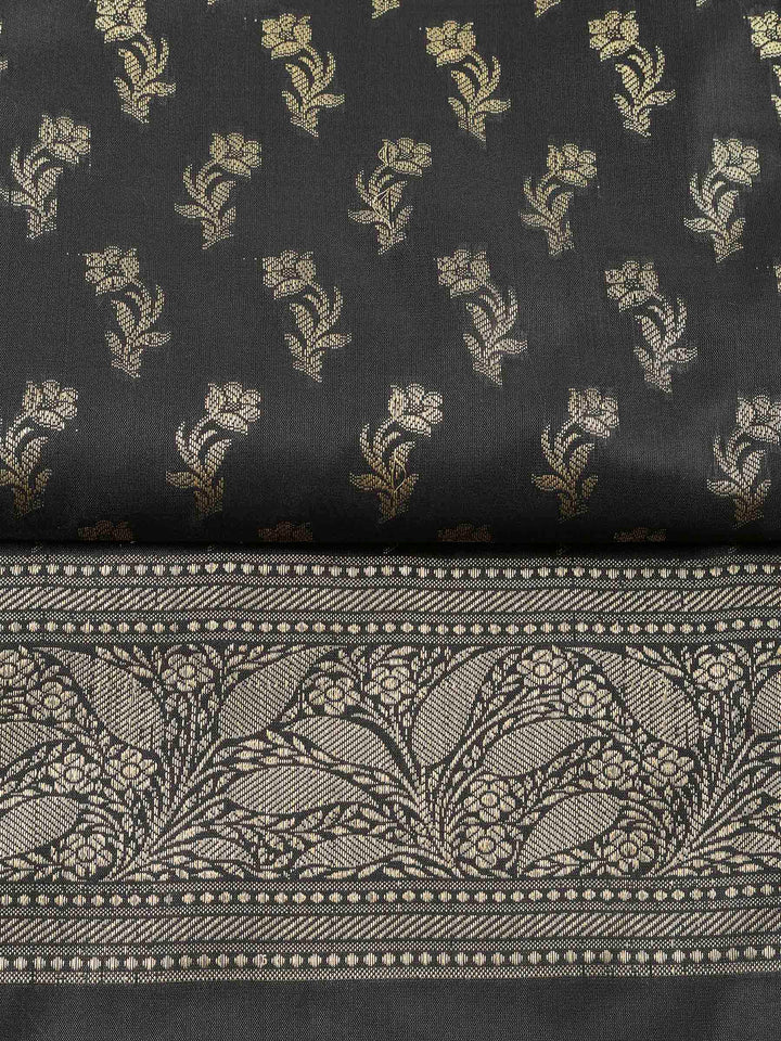 Black Chanderi Banarasi Unstitched Dress Material