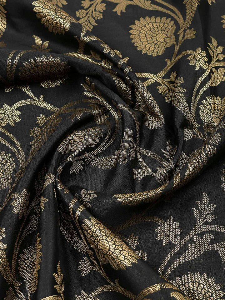 Black Chanderi Banarasi Unstitched Dress Material