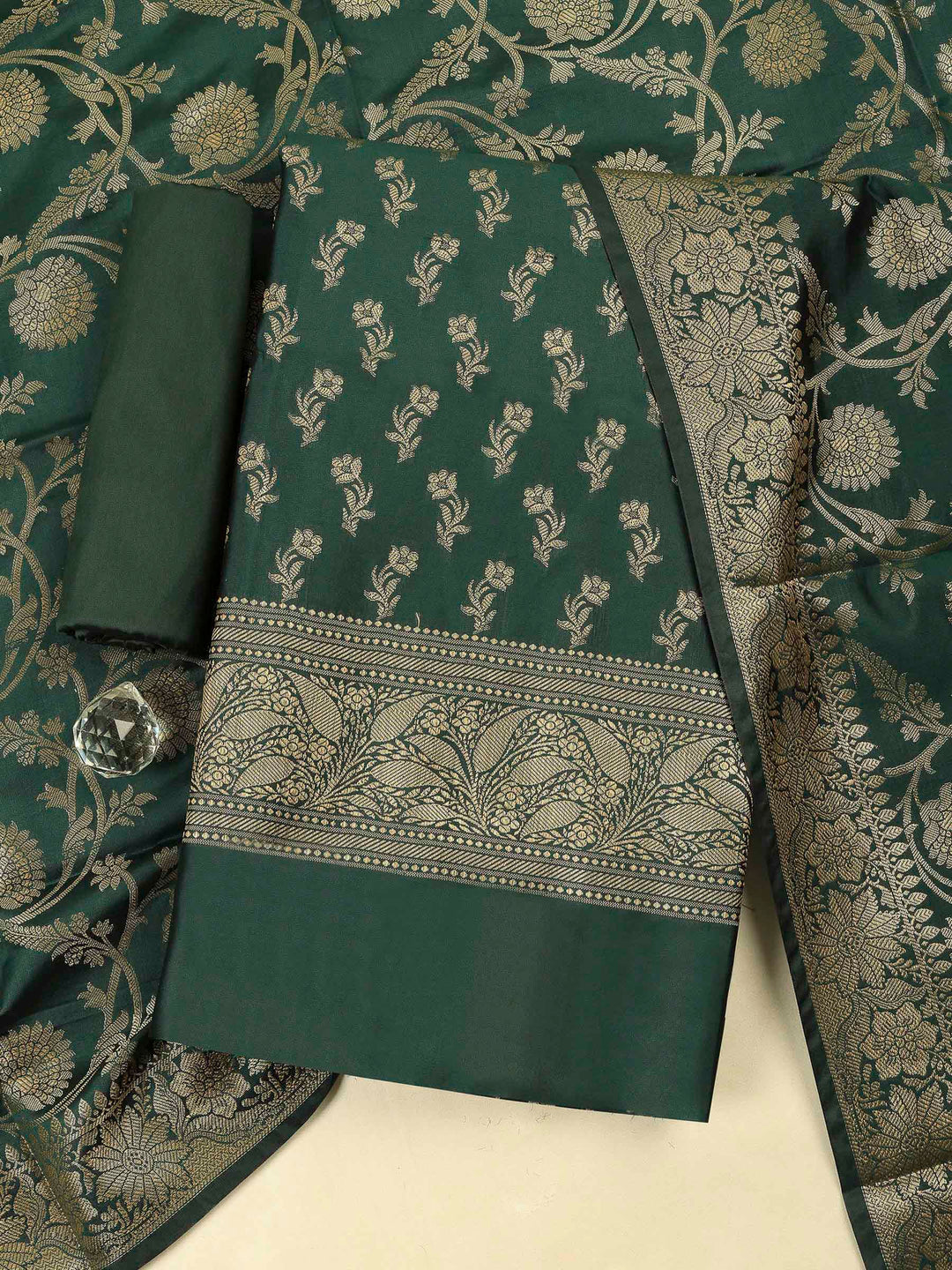 Bottle Green Chanderi Banarasi Unstitched Dress Material