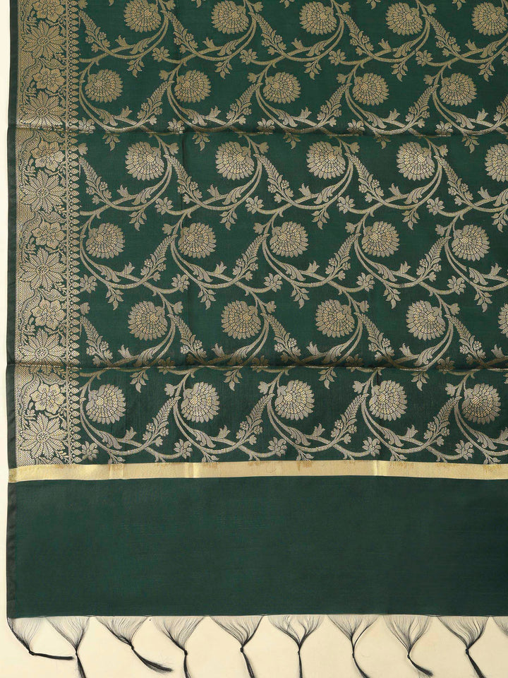 Bottle Green Chanderi Banarasi Unstitched Dress Material