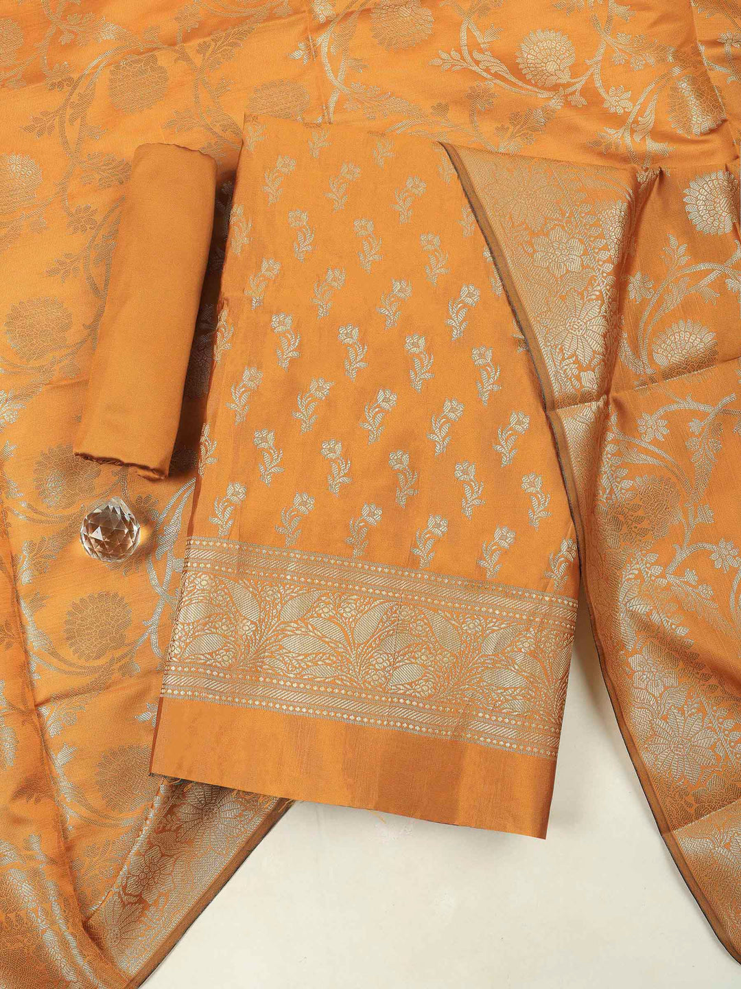 Mustard Chanderi Banarasi Unstitched Dress Material