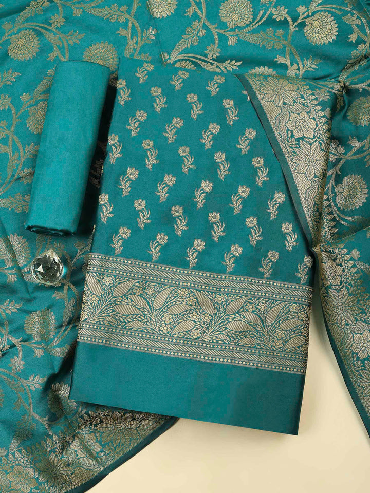 Rama Green Chanderi Banarasi Unstitched Dress Material