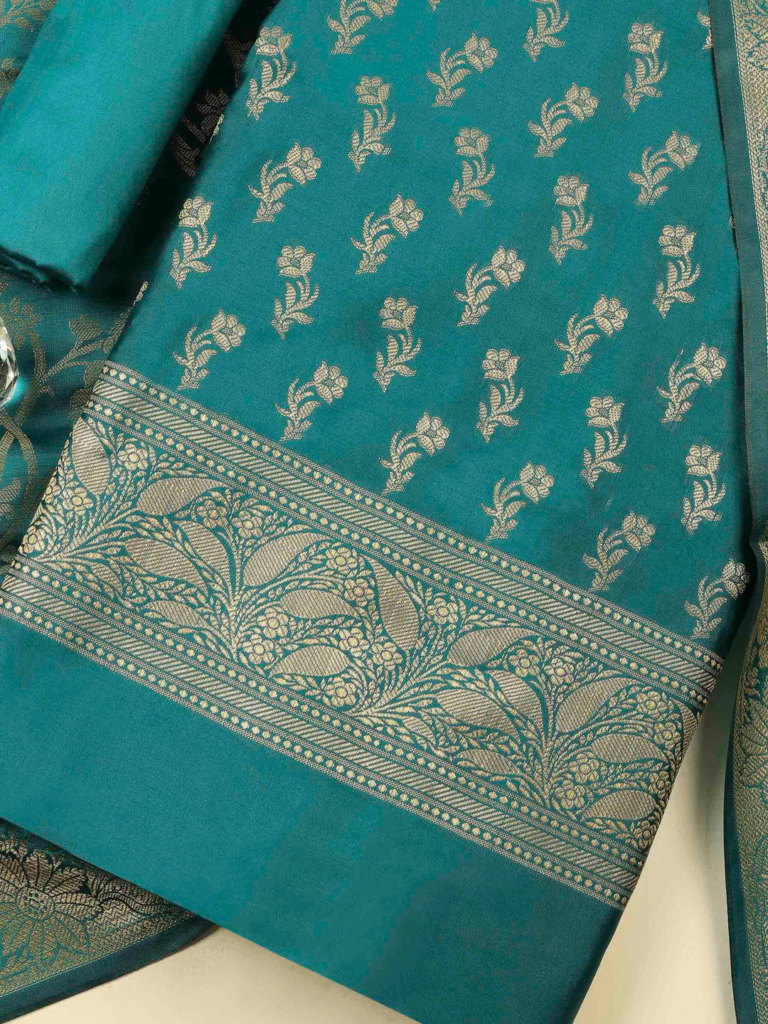 Rama Green Chanderi Banarasi Unstitched Dress Material