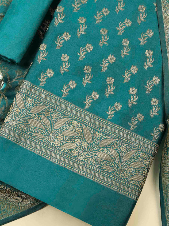 Rama Green Chanderi Banarasi Unstitched Dress Material