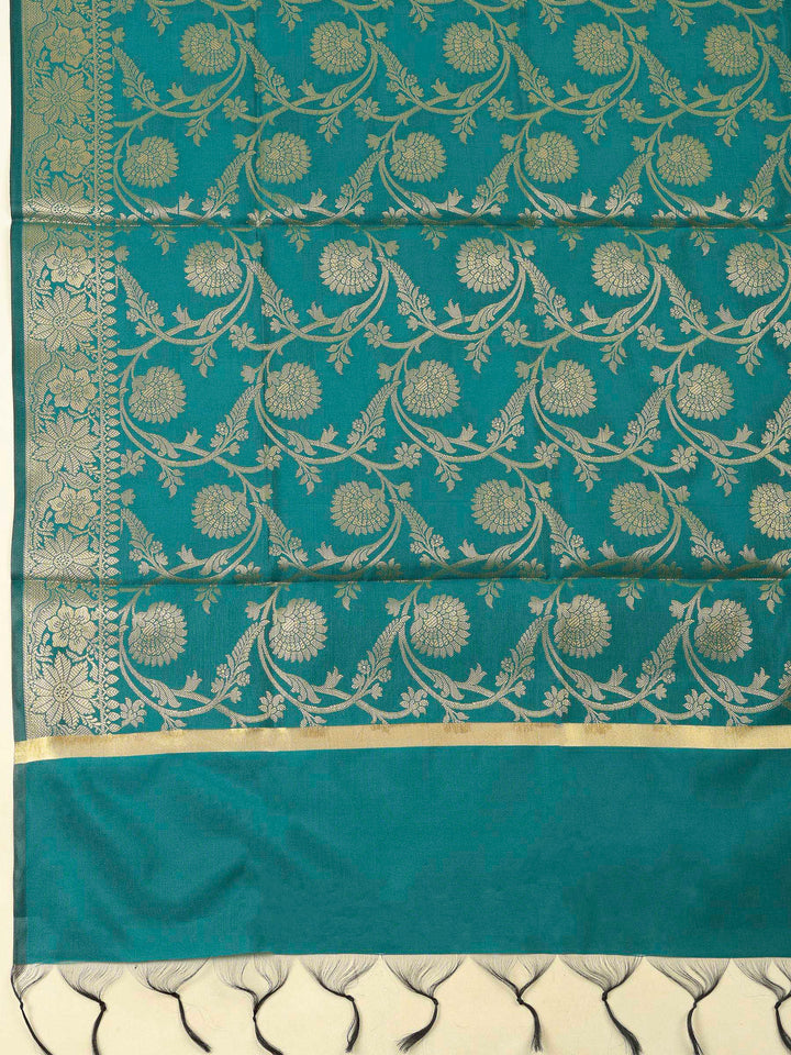 Rama Green Chanderi Banarasi Unstitched Dress Material